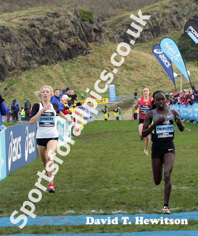 Emily Stewart (GB) finishing just behind 2011 World Cross Country Champion Viviab Cheruiyot during the Internation Womens 3k BUPA Great Edinburgh Cross country.